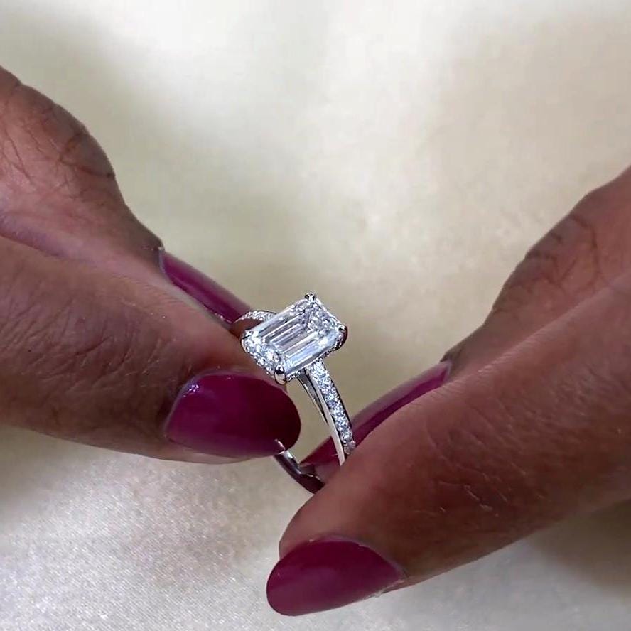 Emerald 1.50tcw Lab Grown Diamond cathedral Hidden Halo Engagement Ring, D-E-F Color, VVS-VS Clarity