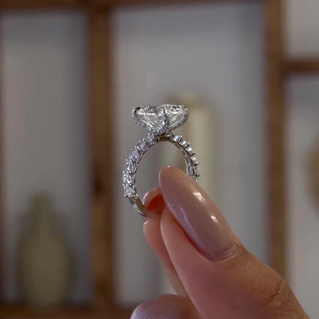 Oval 5.10tcw Lab Grown Diamond  scalloped pave Engagement Ring, EF Color, VS Clarity