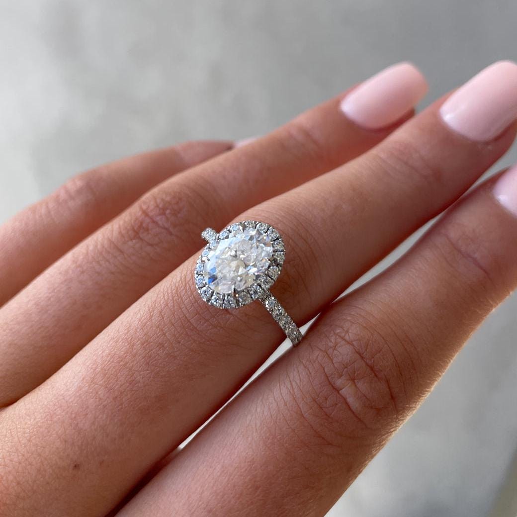 Oval 2.70tcw Lab Grown Diamond Halo Engagement Ring | IGI Certified | AntiqueCut