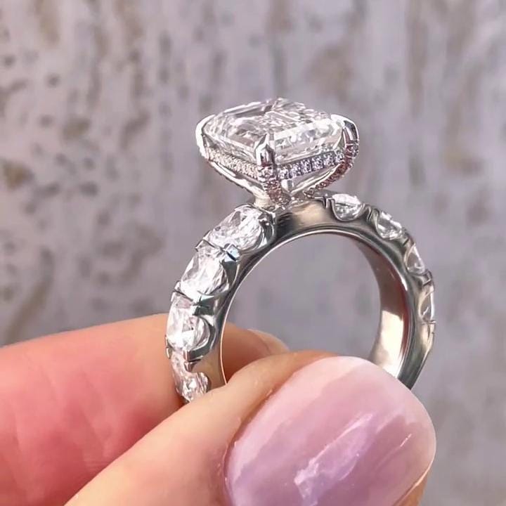 Emerald 5.00tcw Lab Grown Diamond Ring, Hidden Halo Scalloped Pave Style Engagement Ring, D-E-F Color, VVS-VS Clarity - IGI Certified