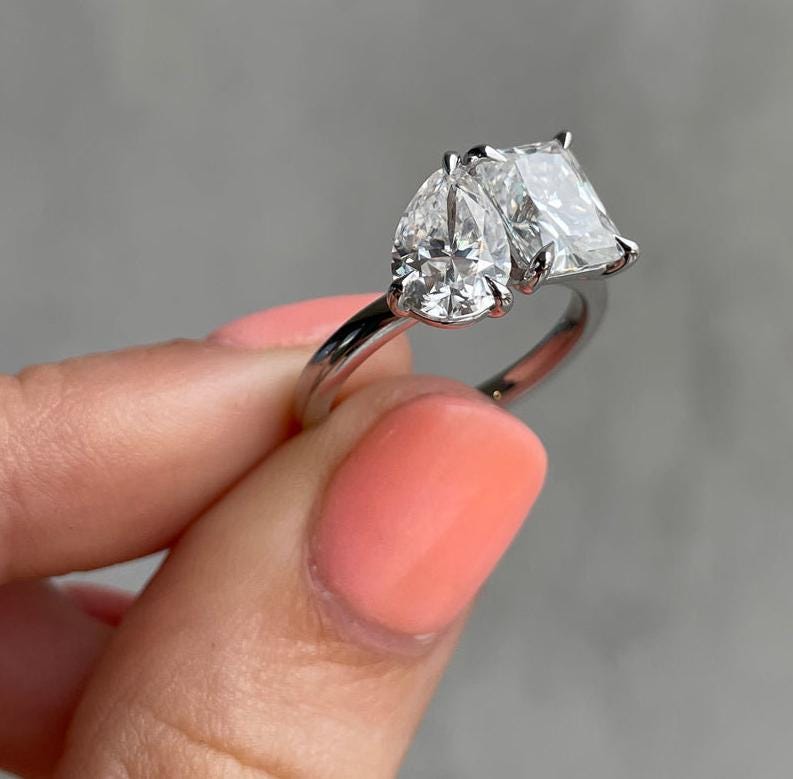 Pear And Radiant 2.00tcw Lab Grown Diamond, Toi et Moi Engagement ring, D-E-F Color VVS-VS Clarity - IGI Certified