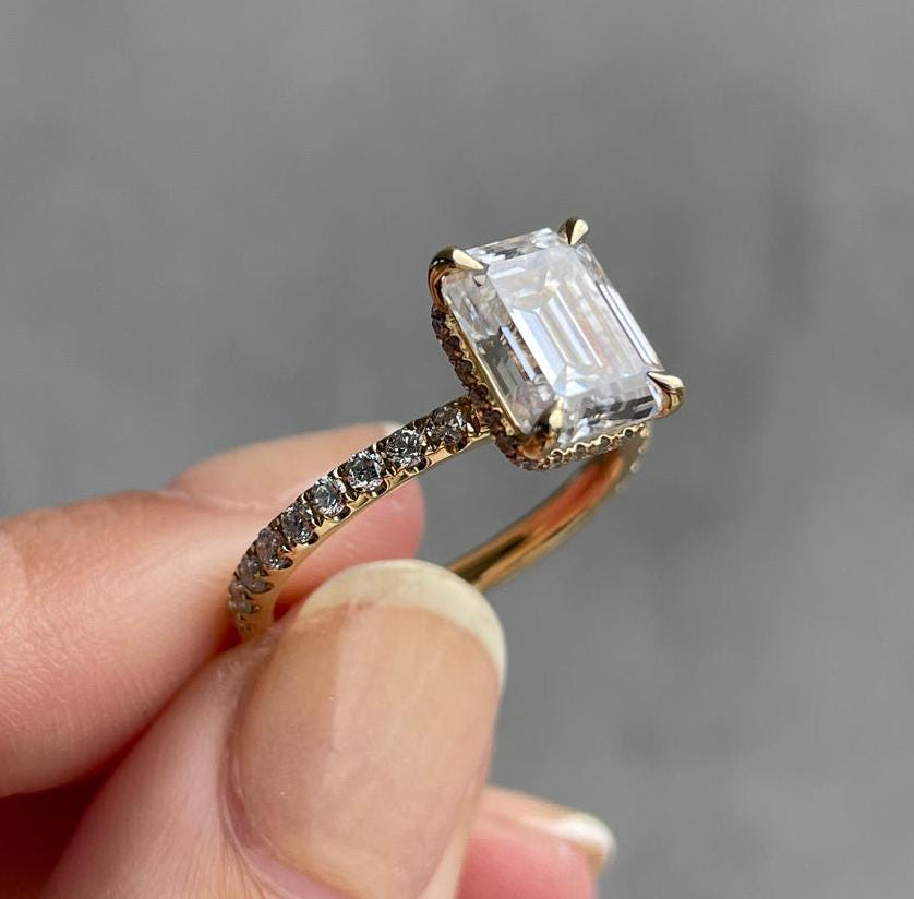 Emerald 3.40tcw Lab Grown Diamond Solitaire Hidden Halo Engagement ring, EF Color, VS Clarity