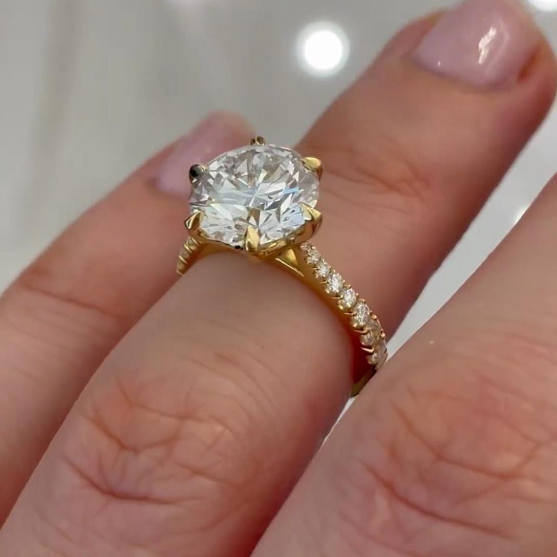 2.20tcw Lab Diamond Cathedral Style Ring | Round Center | Pavé Accent Stones | DEF Color | Custom Gold Options