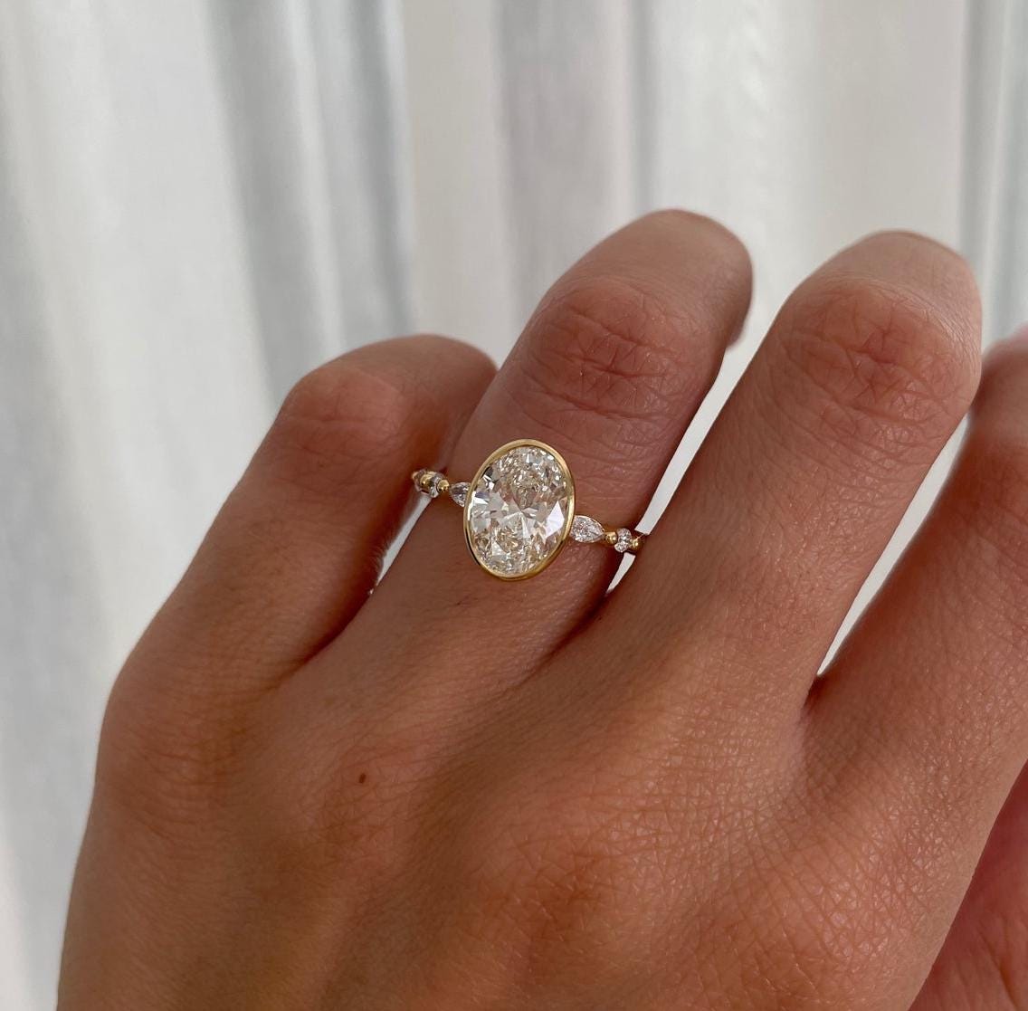 3.40tcw Oval Lab Diamond Bezel Engagement Ring | IGI Certified | D-E-F VVS–VS | Custom Gold Options