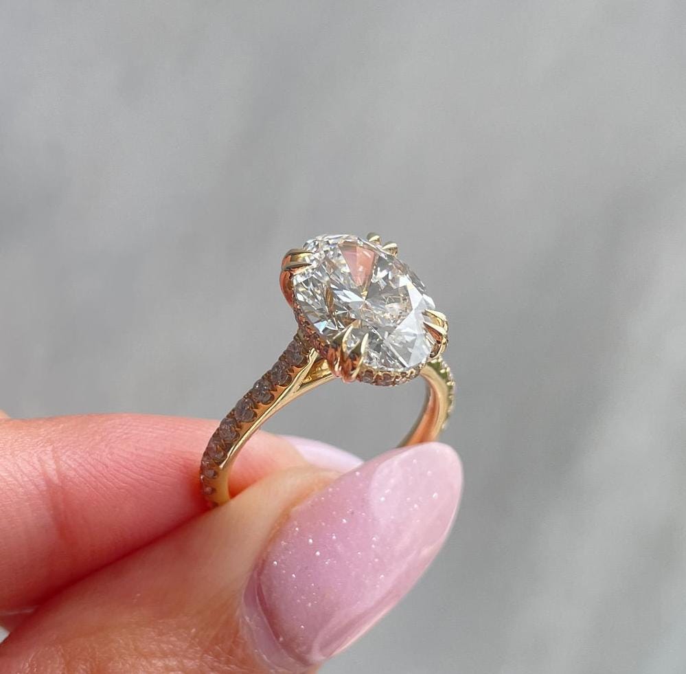 3.00ct Oval Lab Grown Diamond Engagement Ring | Double Claw & Hidden Halo | IGI Certified