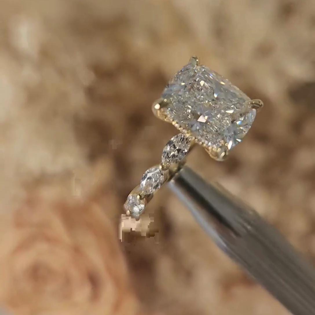 Cushion 4.00ct Lab Grown Diamond Engagement Ring | Hidden Halo | Marquise Side Stones | IGI Certified | D-E-F Color | VVS–VS Clarity | Ethical Fine Jewelry