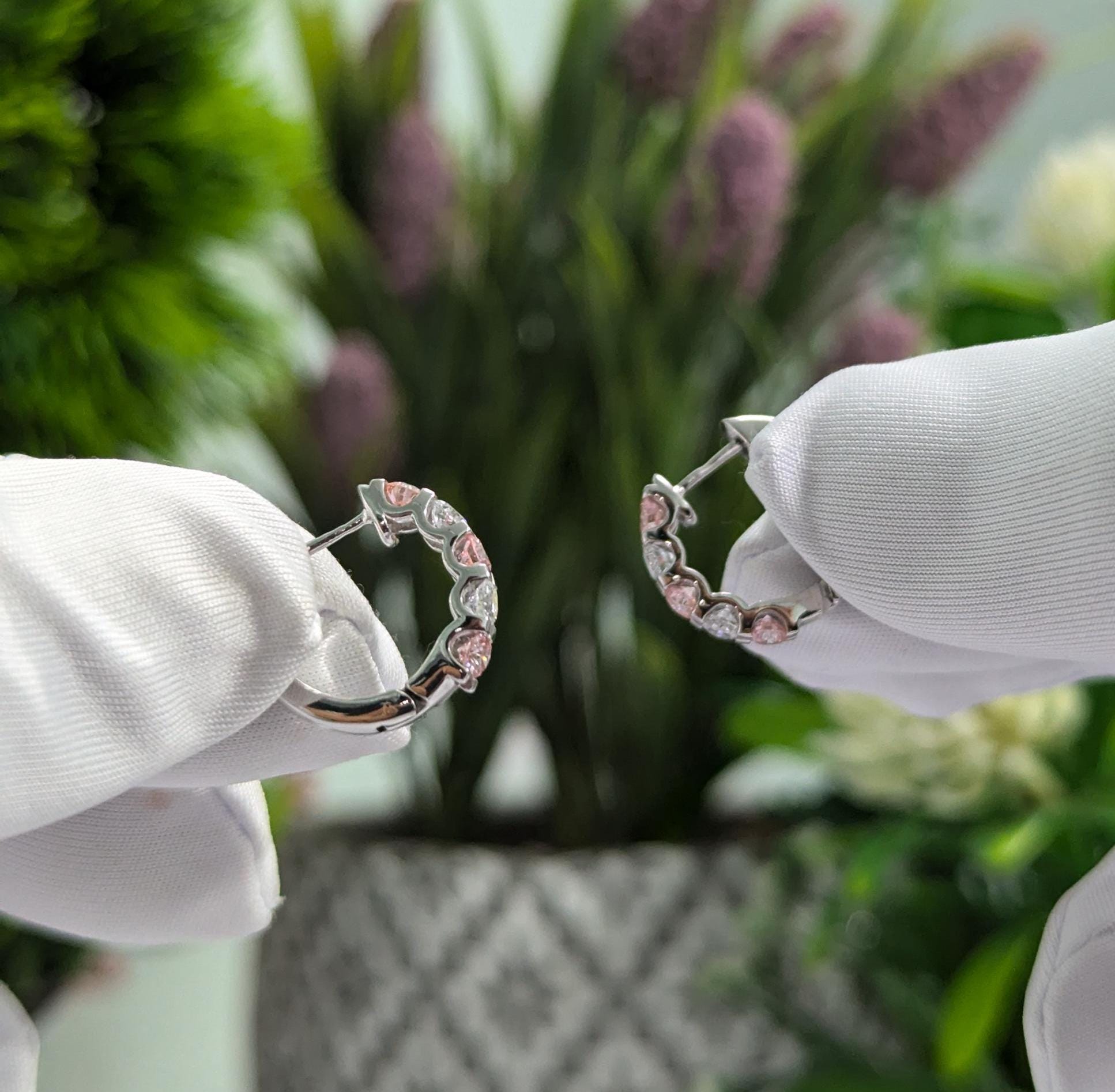 1ct lab grown diamond Hoop Earring, pink and white diamond earring, CVD diamond