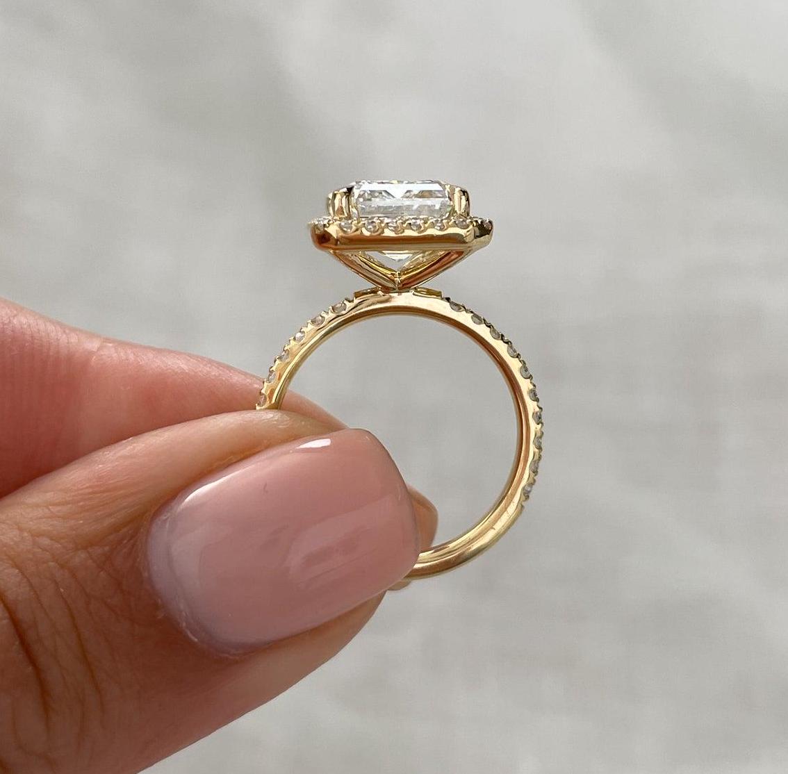 Radiant 5.3tcw Lab Grown Diamond Halo Pave Set Engagement Ring, EF Color, VS Clarity