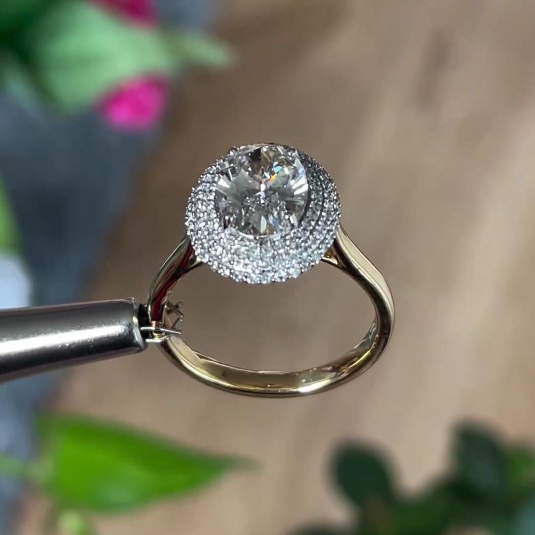 Oval 2.70tcw Lab Grown Diamond Triple Halo Engagement Ring | IGI Certified | AntiqueCut