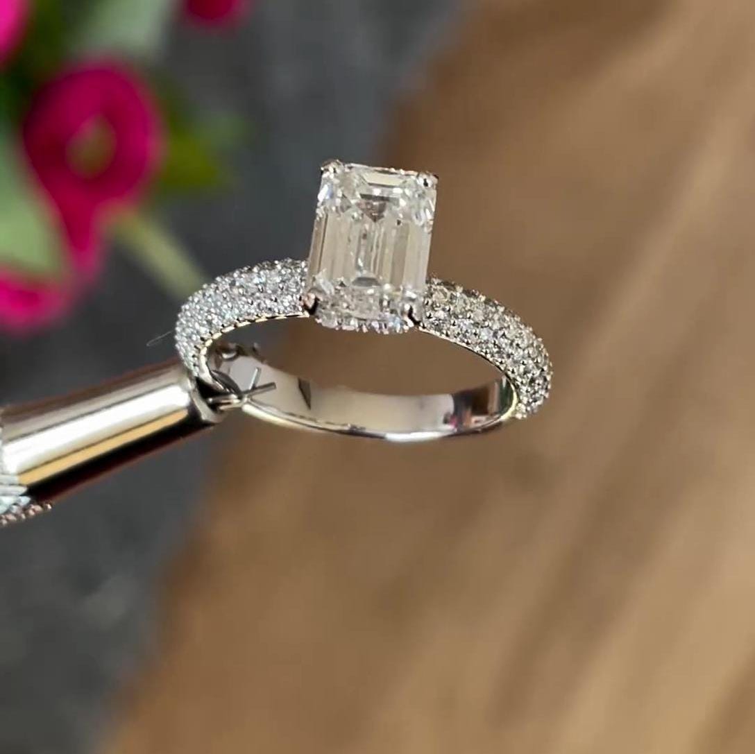 2.50tcw Emerald Lab Grown Diamond Engagement Ring | Pave Hidden Halo | IGI Certified | White Gold