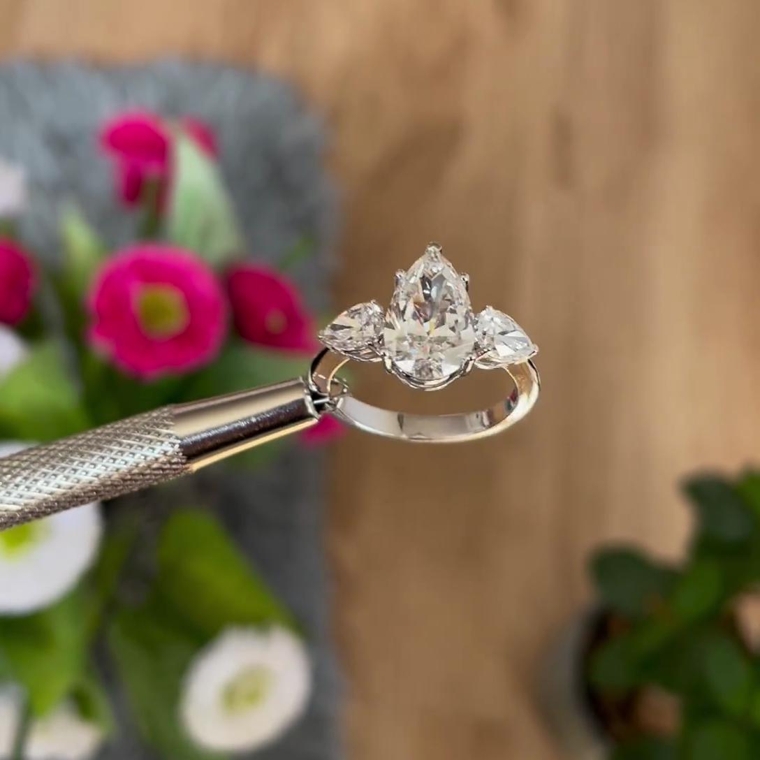 Pear 4.00tcw Lab Grown Diamond, EF Color, VS Clarity, Three Stone Engagement Ring