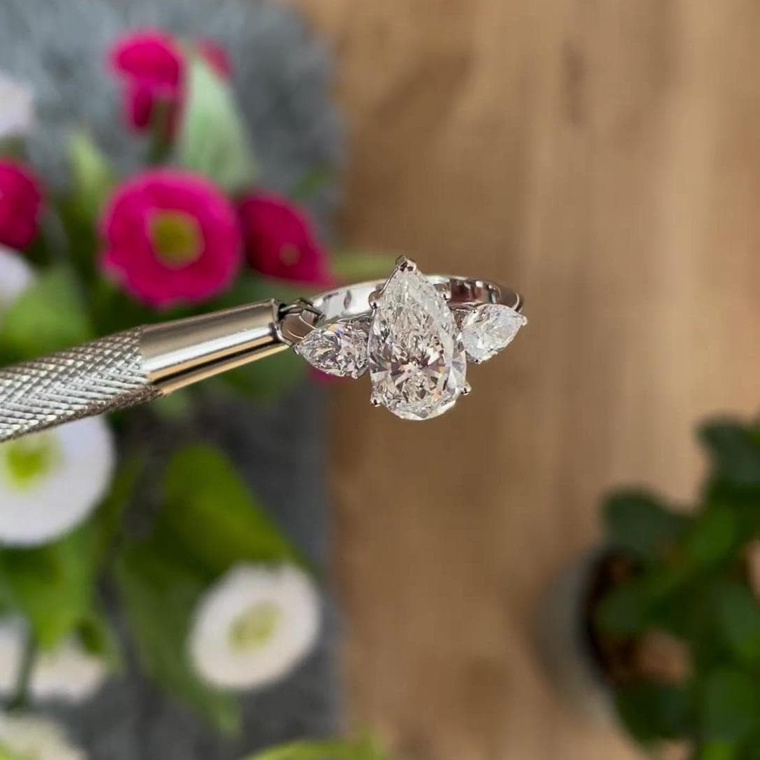 Pear 4.00tcw Lab Grown Diamond, EF Color, VS Clarity, Three Stone Engagement Ring