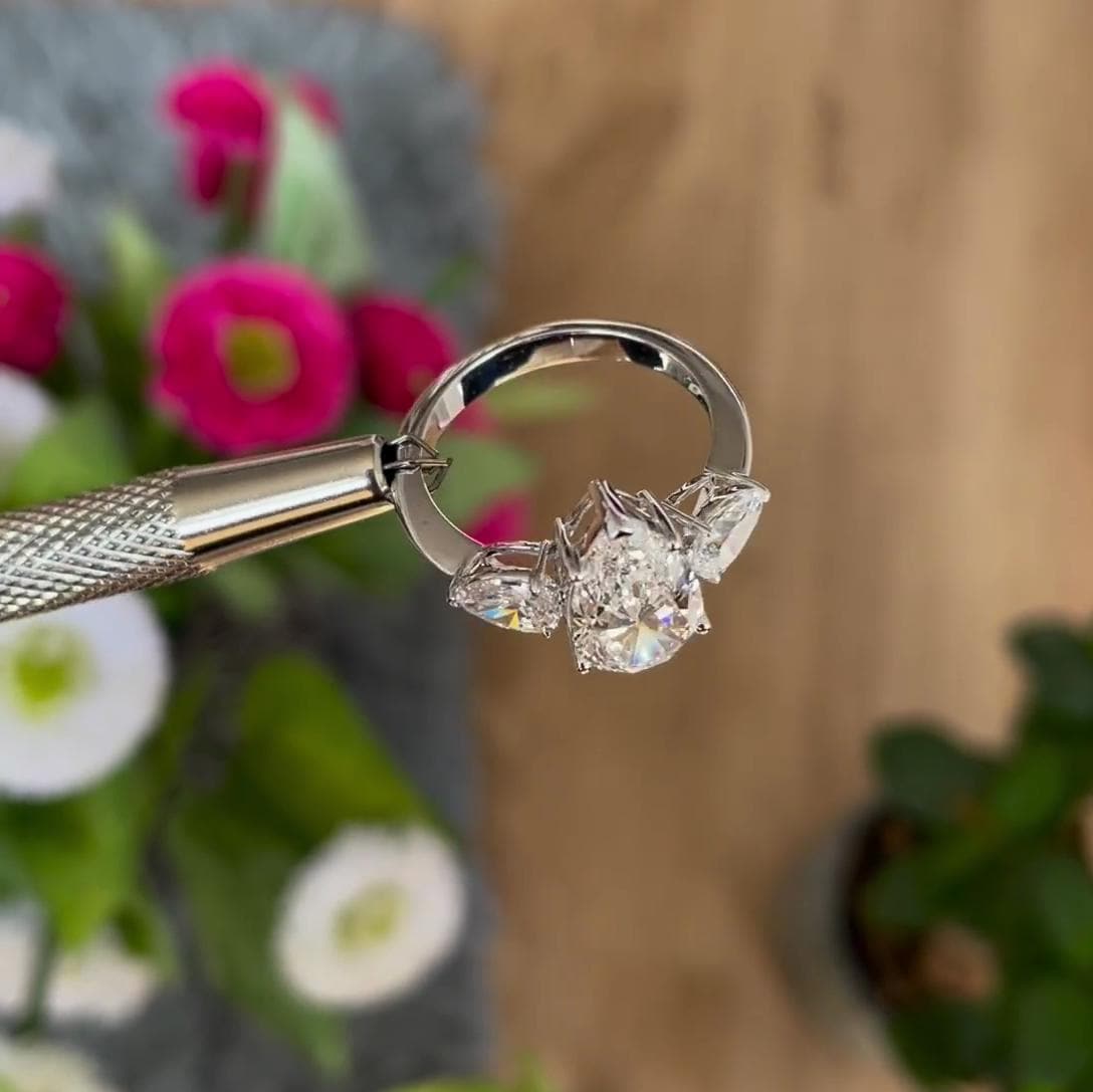 Pear 4.00tcw Lab Grown Diamond, EF Color, VS Clarity, Three Stone Engagement Ring