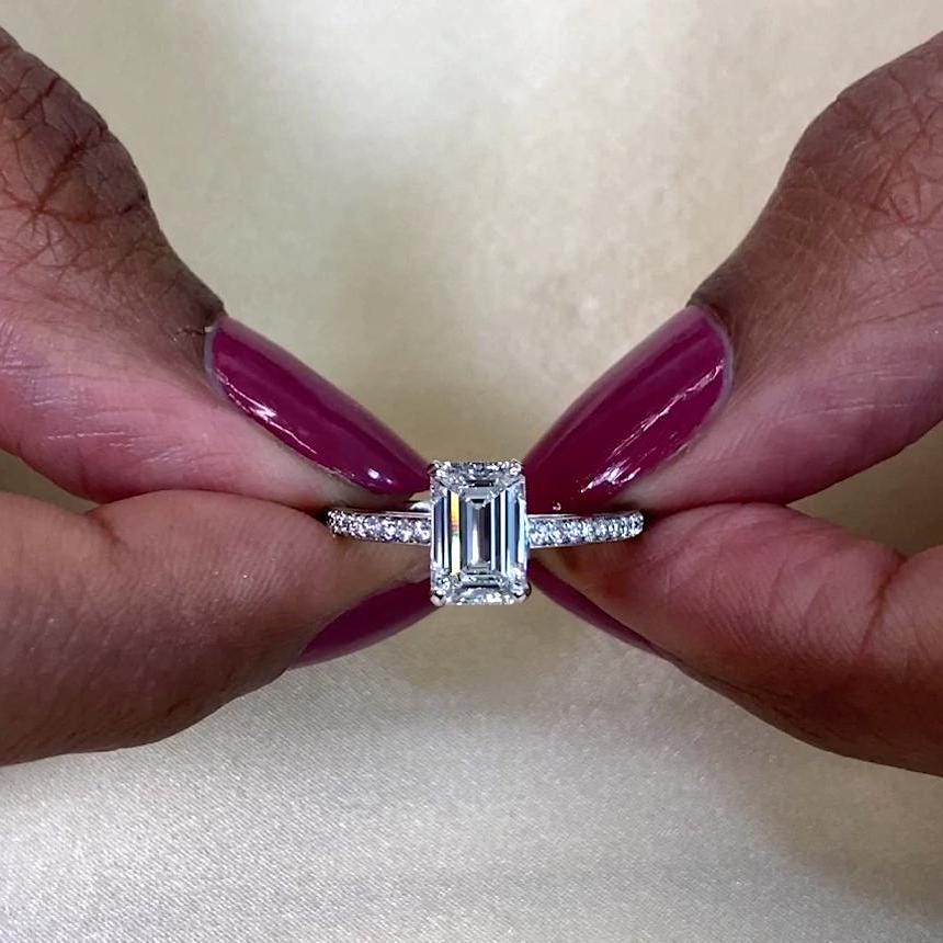 Emerald 1.50tcw Lab Grown Diamond cathedral Hidden Halo Engagement Ring, D-E-F Color, VVS-VS Clarity