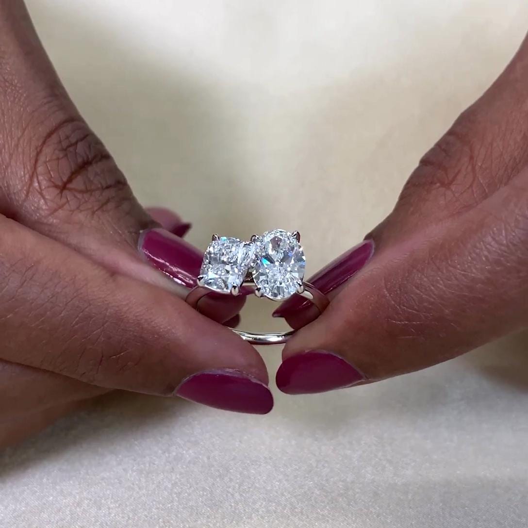Cushion And Oval 2.50tcw Lab Grown Diamond Toi et Moi Two Tone Engagement Ring, EF Color, VS Clarity