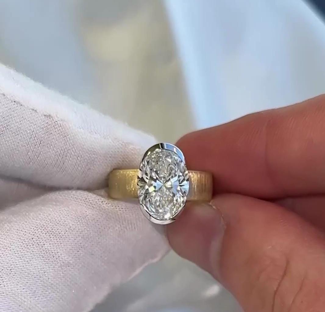 Oval 4.00ct Lab Grown Diamond Half Bezel Setting Engagement Ring, D-E-F Color, VVS-VS Clarity