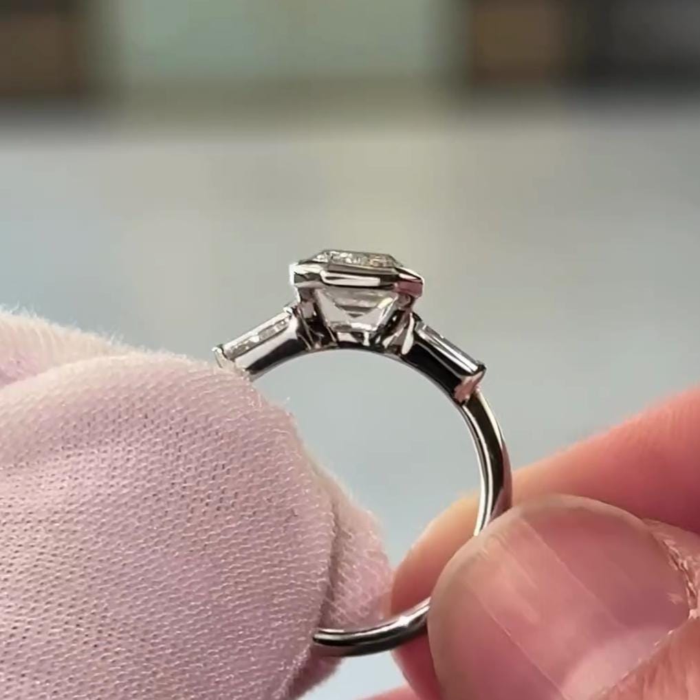 2.50tcw Emerald Lab Grown Diamond Three Stone Half Bezel Engagement Ring | IGI Certified | Custom Gold