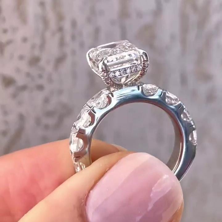 Emerald 5.00tcw Lab Grown Diamond Ring, Hidden Halo Scalloped Pave Style Engagement Ring, D-E-F Color, VVS-VS Clarity - IGI Certified