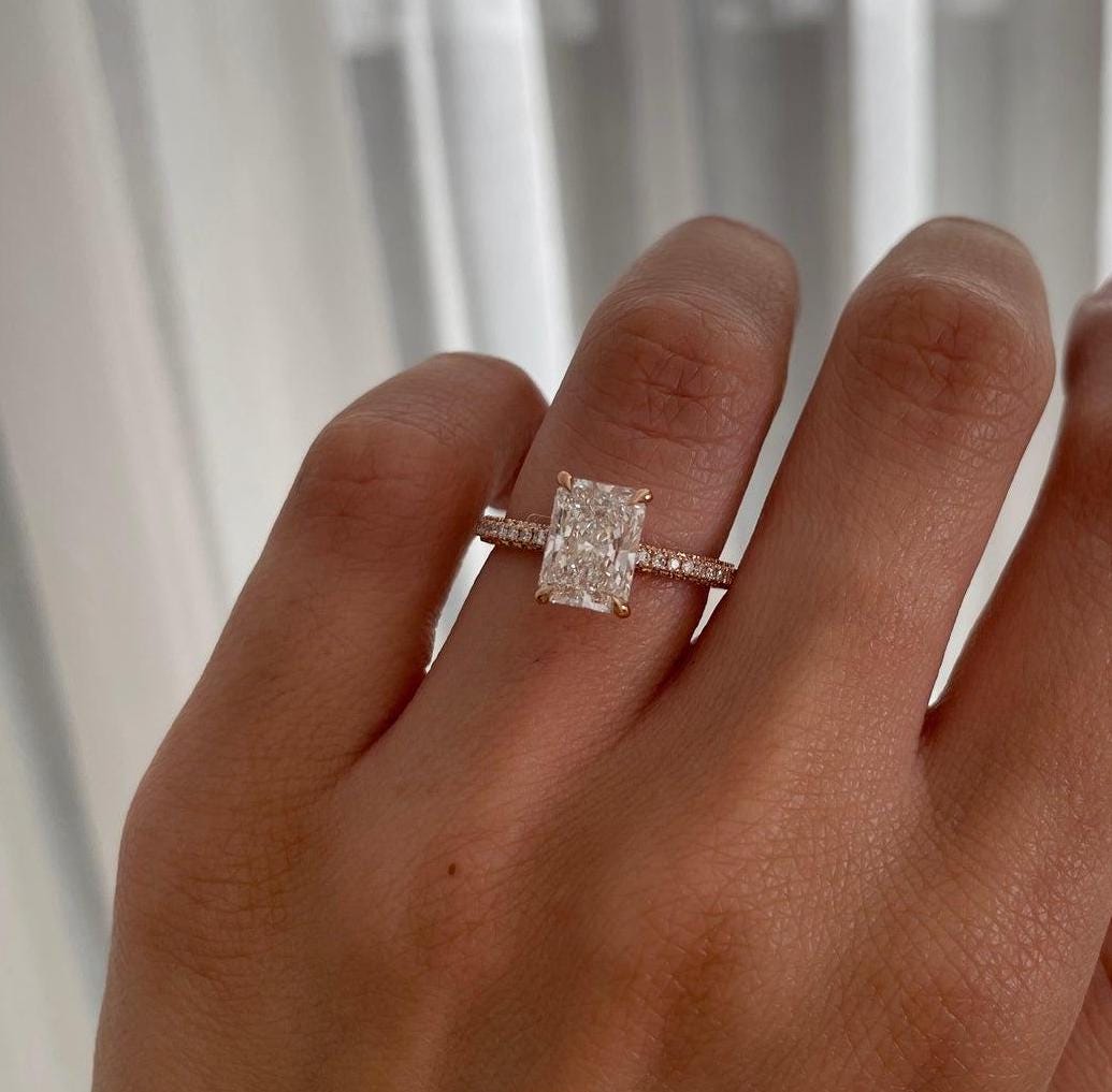 Radiant 3.00tcw Lab Grown Diamond Pave Hidden Halo Engagement Ring, D-E-F Color, VVS-VS Clarity - IGI Certificate