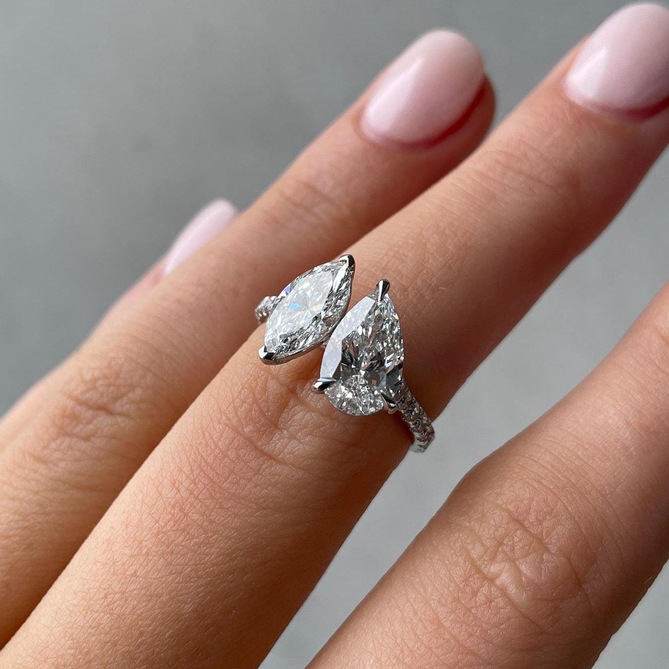 Pear & Marquise 2.8tcw Lab Grown Diamond Engagement Ring, EF Color, VS Clarity - AntiqueCut