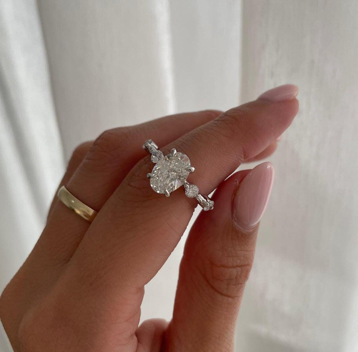 Oval 3tcw Lab Grown Diamond, Solitaire with Hidden Halo, and Accent Stones Engagement Ring, EF Color, VS Clarity