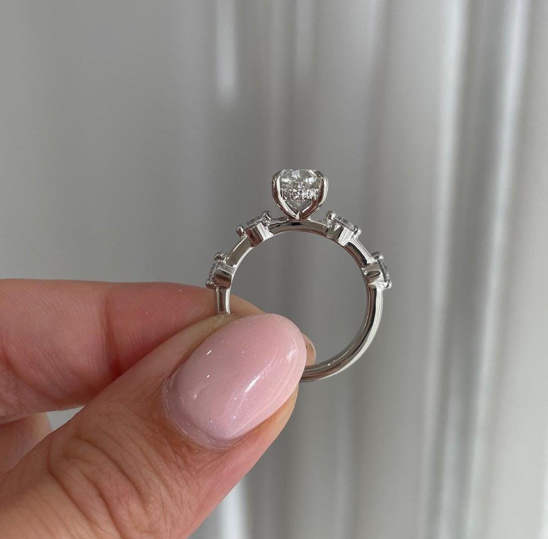 Oval 3tcw Lab Grown Diamond, Solitaire with Hidden Halo, and Accent Stones Engagement Ring, EF Color, VS Clarity