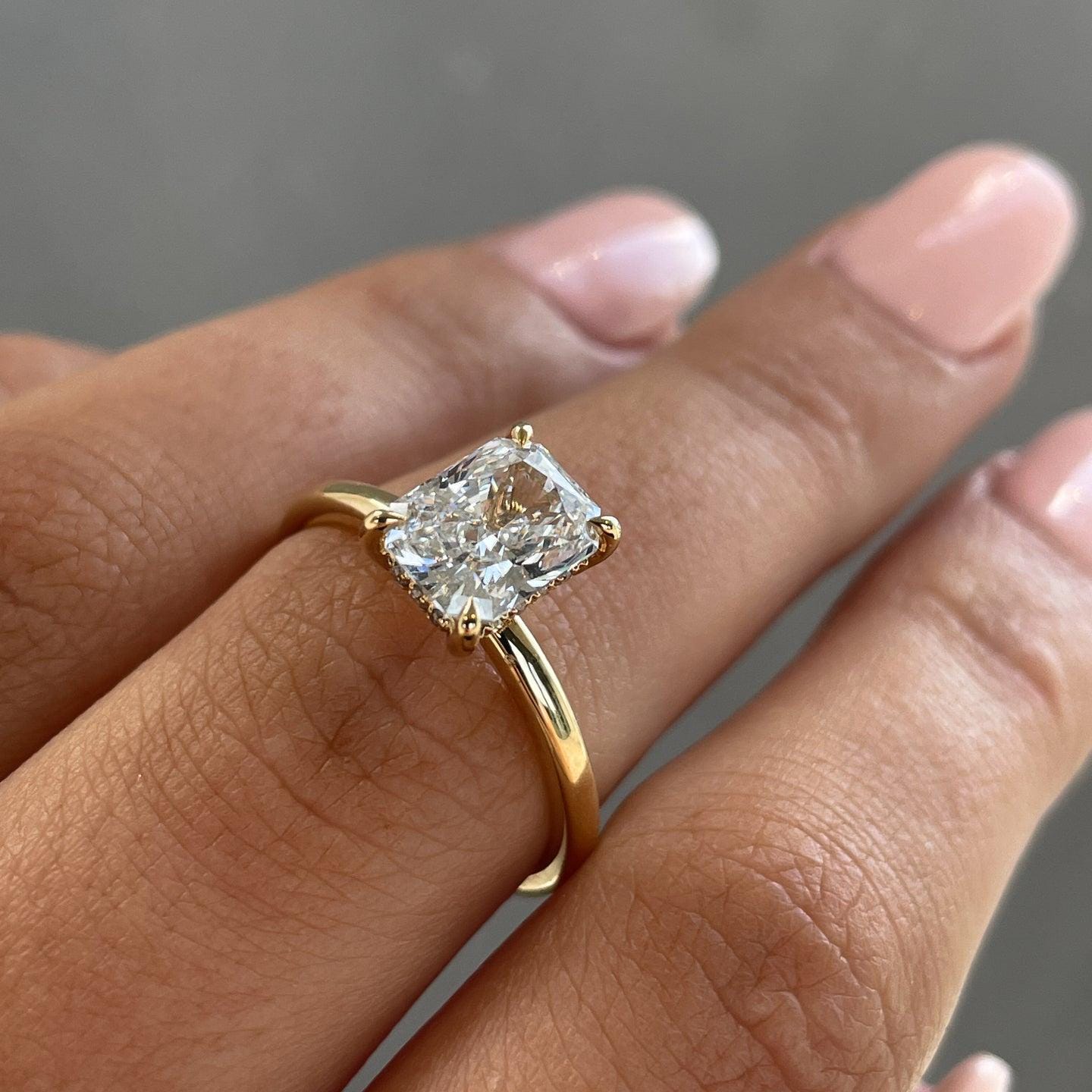 Radiant 1.60tcw Lab Grown Diamond Solitaire Hidden Halo Engagement Rin, D-E-F color, VVS-VS Clarity