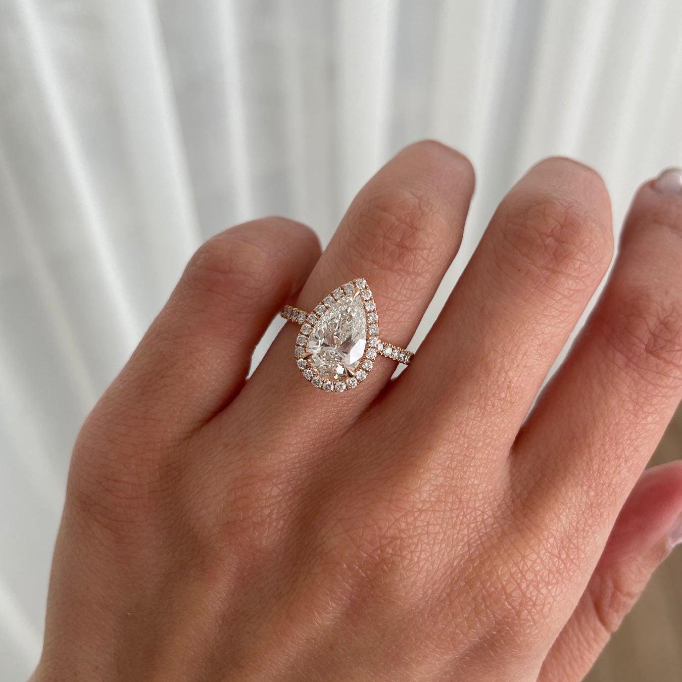 4.40tcw Pear Lab Grown Diamond Halo Pave Engagement Ring | IGI Certified | DEF Color | VVS–VS Clarity