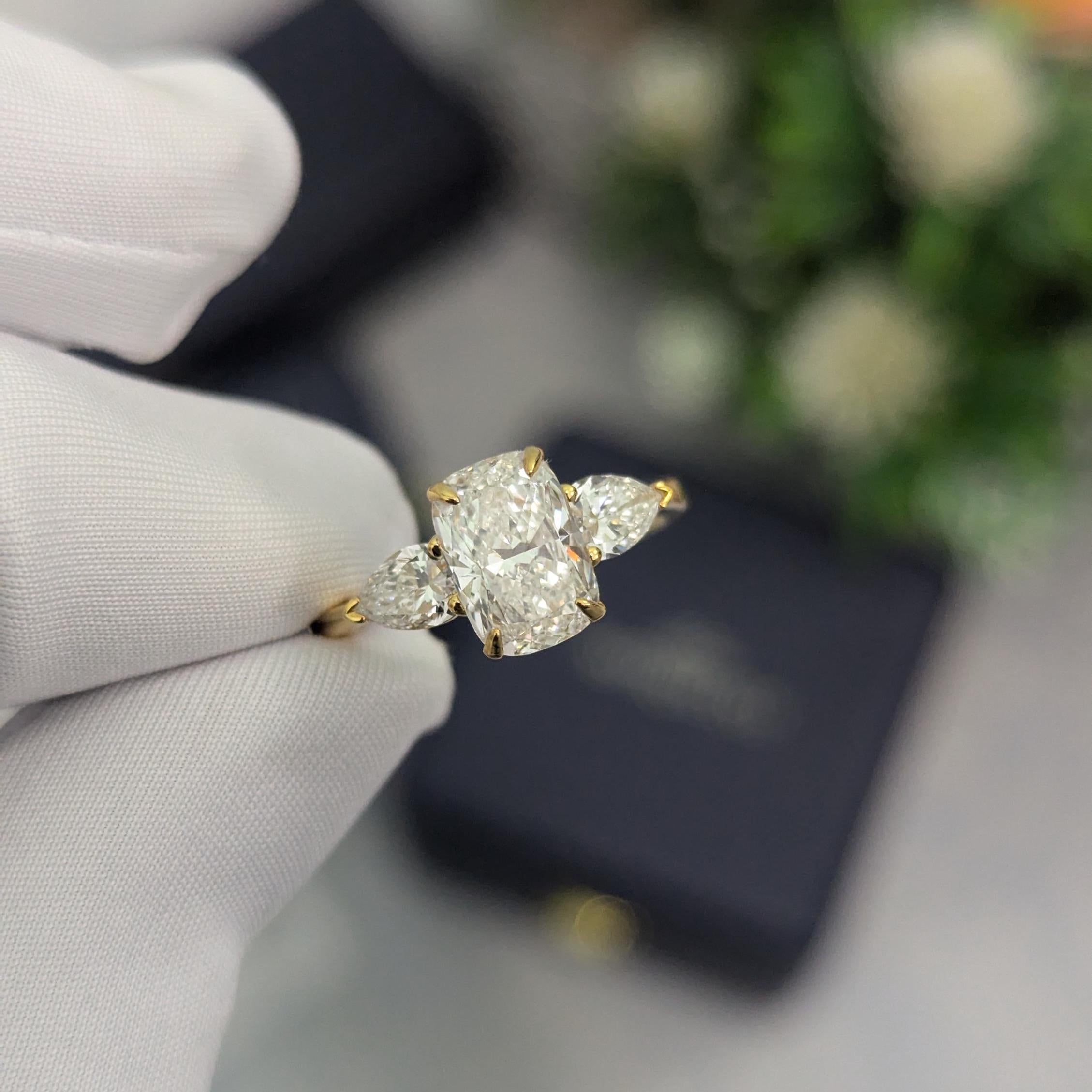 Elongated Cushion 2.40tcw Lab Grown Diamond Three Stone Engagement Ring, D-E-F Color, VVS-VS Clarity