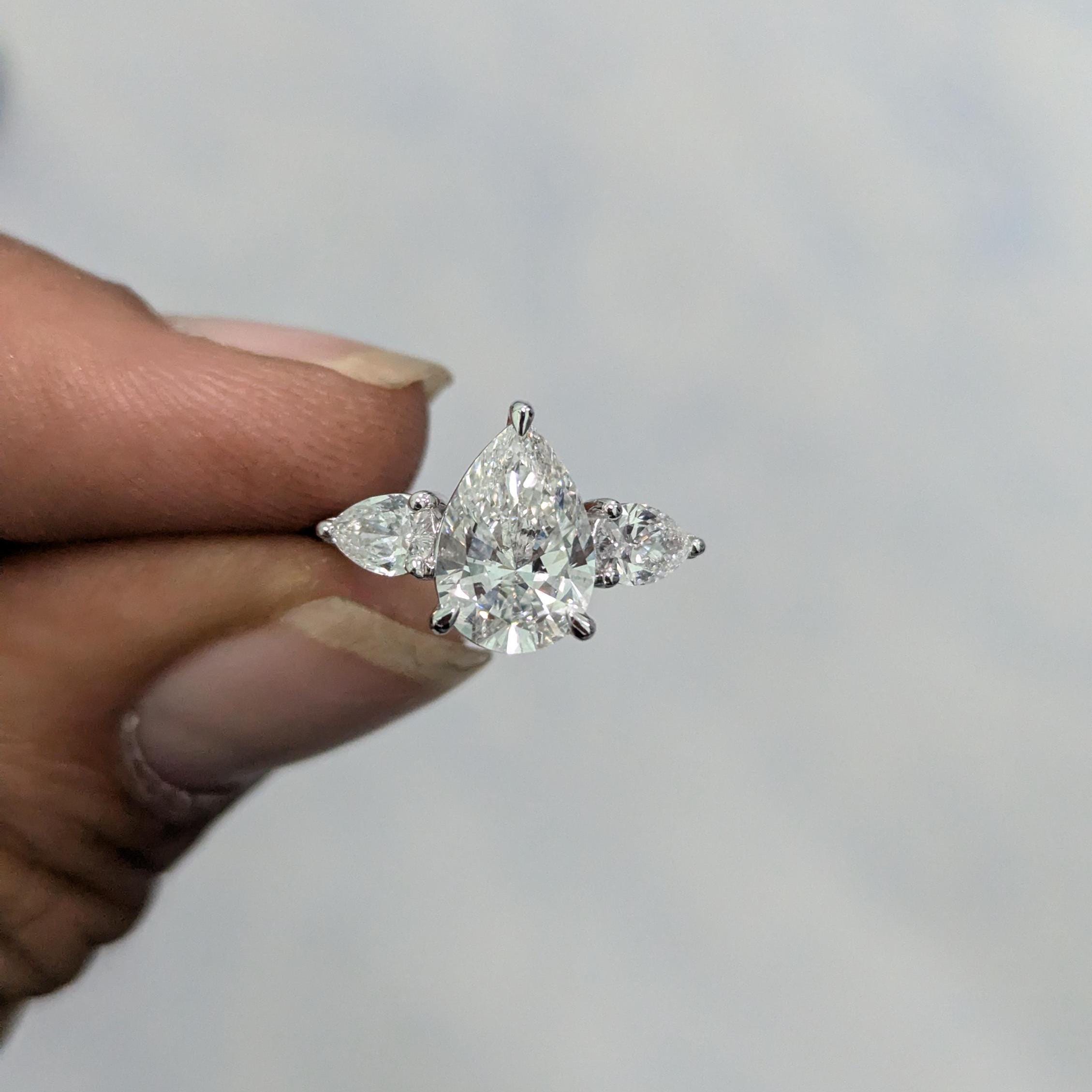 Pear 1.90ct Lab Grown Diamond Three Stone Engagement Ring, EF Color, VS Clarity - IGI Certificate