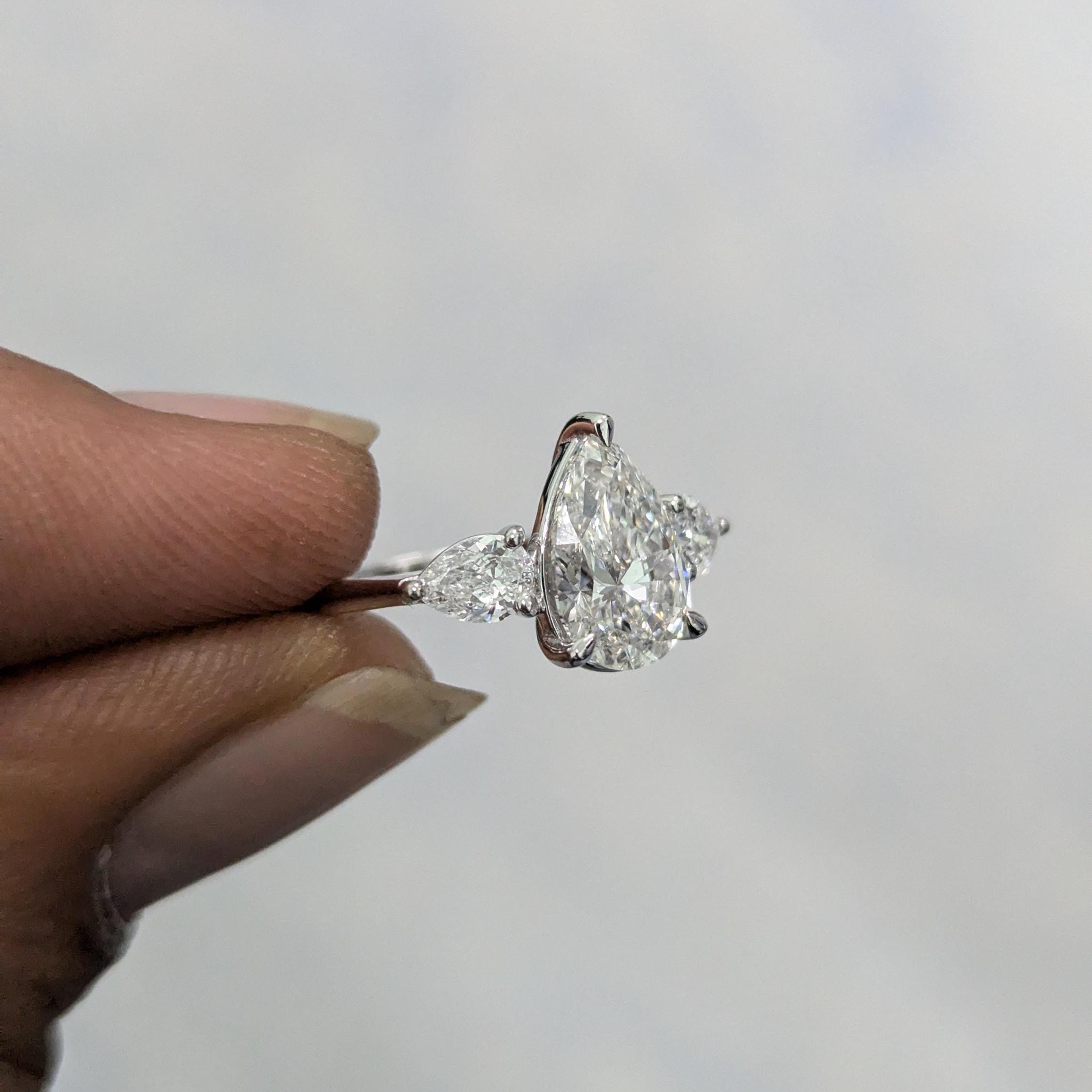 Pear 1.90ct Lab Grown Diamond Three Stone Engagement Ring, EF Color, VS Clarity - IGI Certificate
