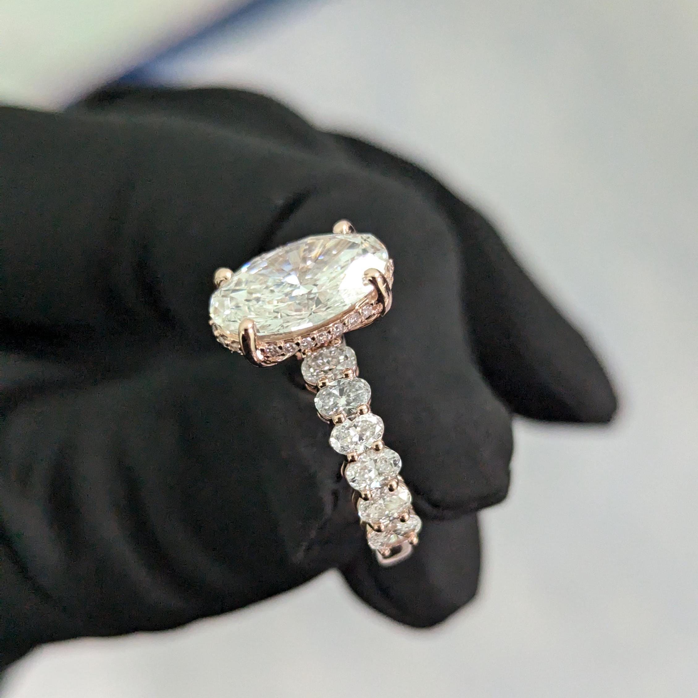 Oval 4.2tcw Lab Grown Diamond scalloped pave Hidden Halo Engagement Ring, EF Color, VS Clarity