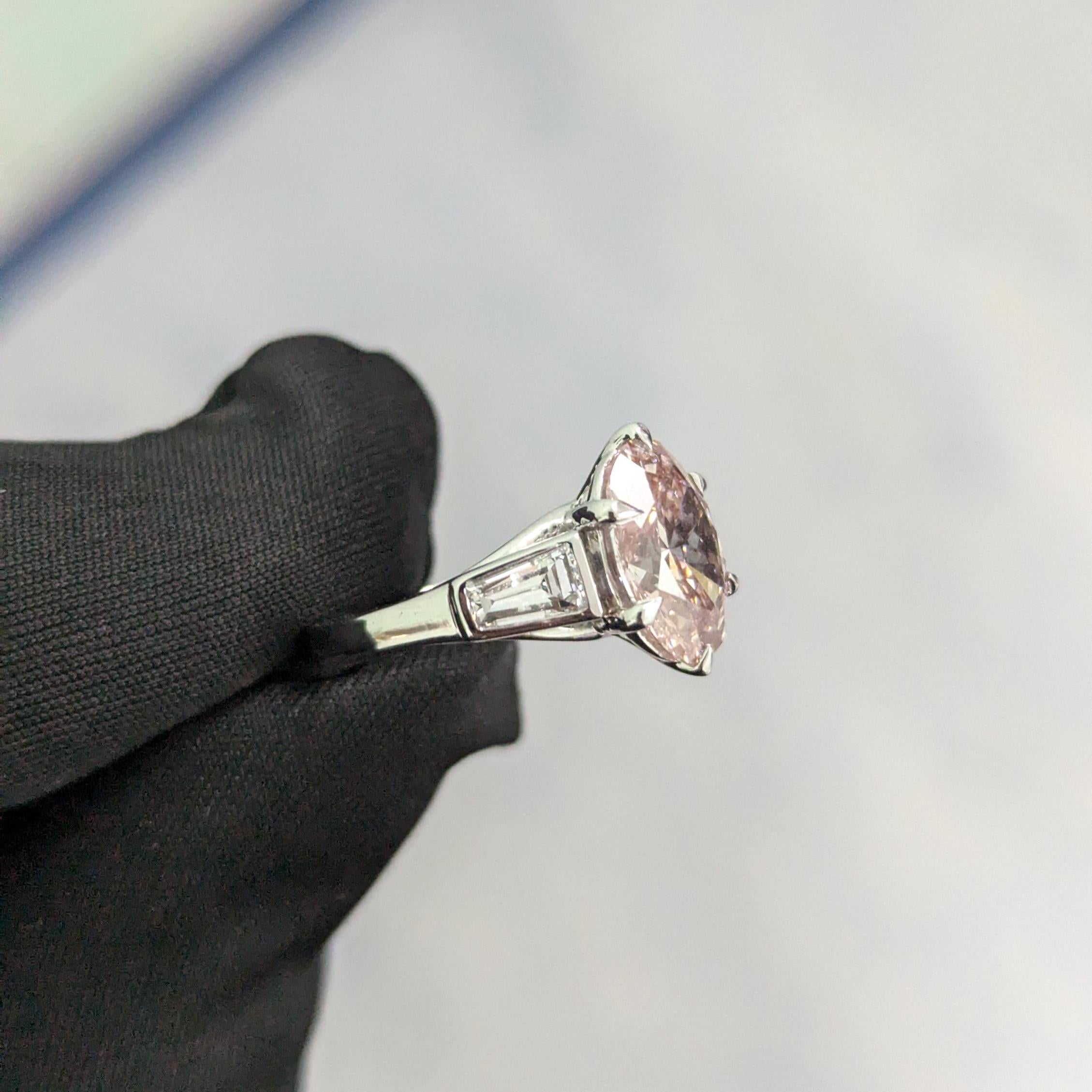 Oval 2.5tcw Lab Grown Diamond Three Stone Tap Baguette Bezel Set Engagement Ring, EF Color, VS Clarity