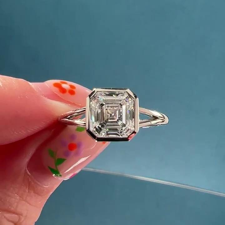 Asscher 2.00ct Lab Grown Diamond Split Shank Setting With Bezel Set Engagement Ring, D-E-F Color, VVS-VS Clarity
