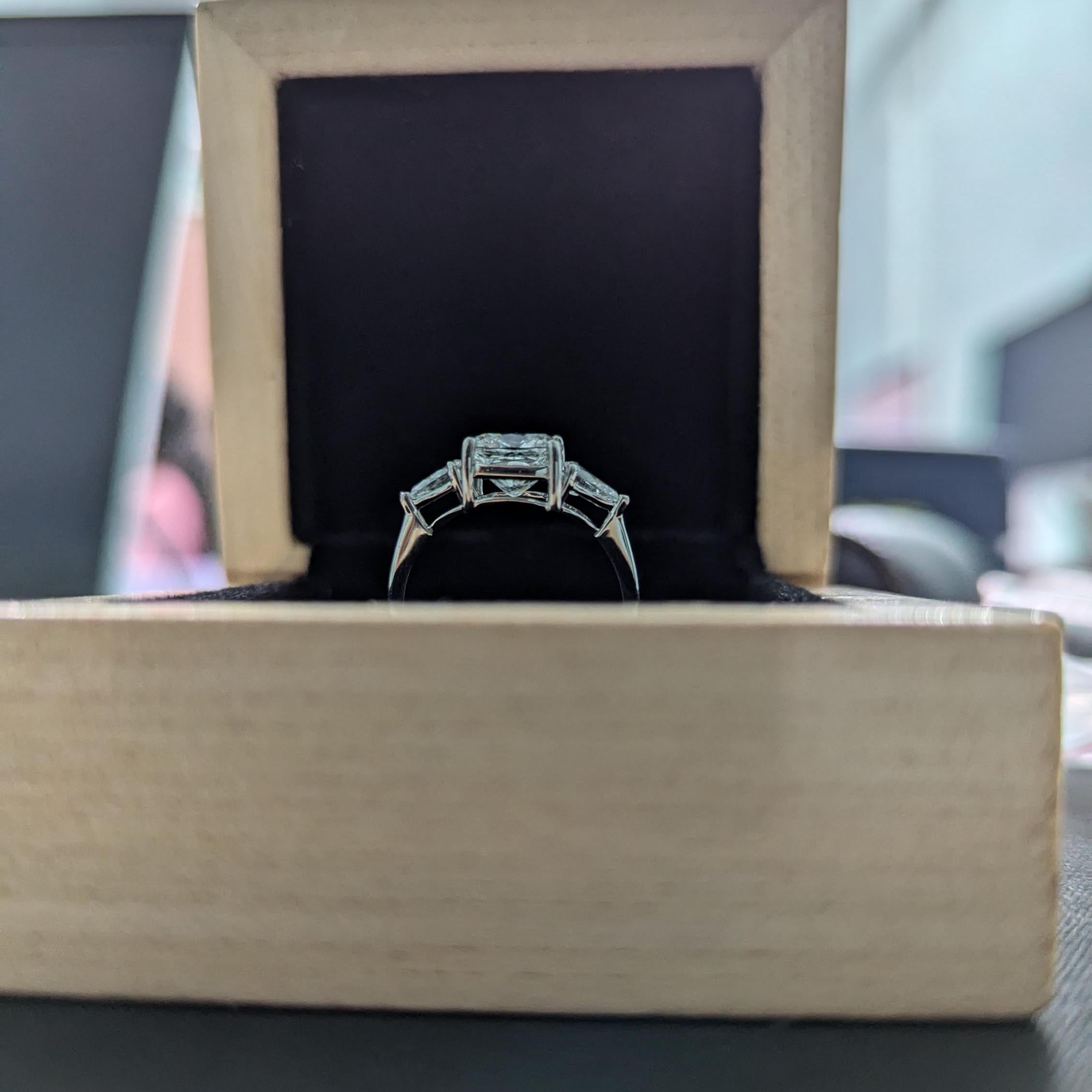 SQ Cushion 2.40tcw Lab Grown Diamond Three Stone Engagement Ring, D-E-F Color, VVS - VS Clarity