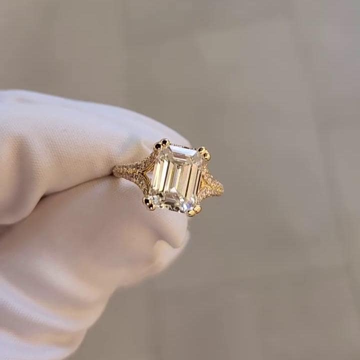 Emerald 3.50tcw Lab Diamond Pave Split Band Engagement Ring | IGI Certified | Double Prong