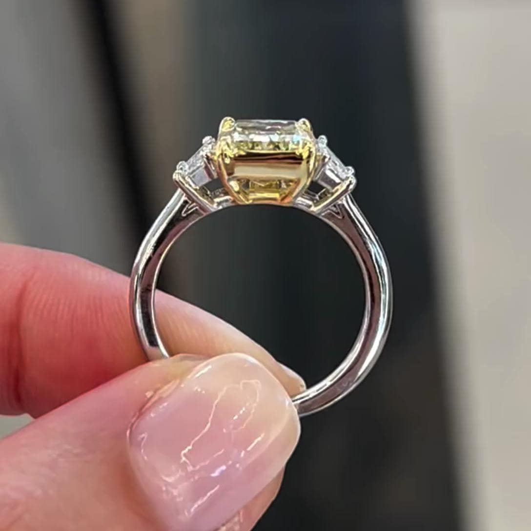 Radiant 3.5tcw Lab Grown Diamond Fancy Yellow Three Stone Engagement Ring, EF Color, VS Clarity