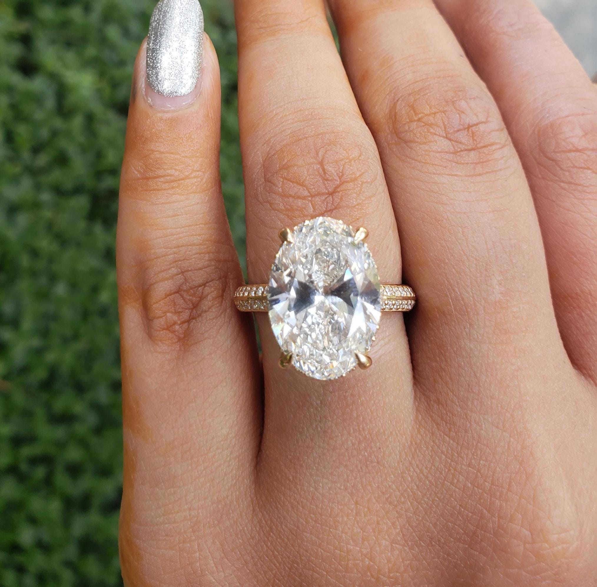 Oval 9.40tcw Lab Grown Diamond Knife Edge Hidden Halo Engagement Ring, EF Color, VS Clarity