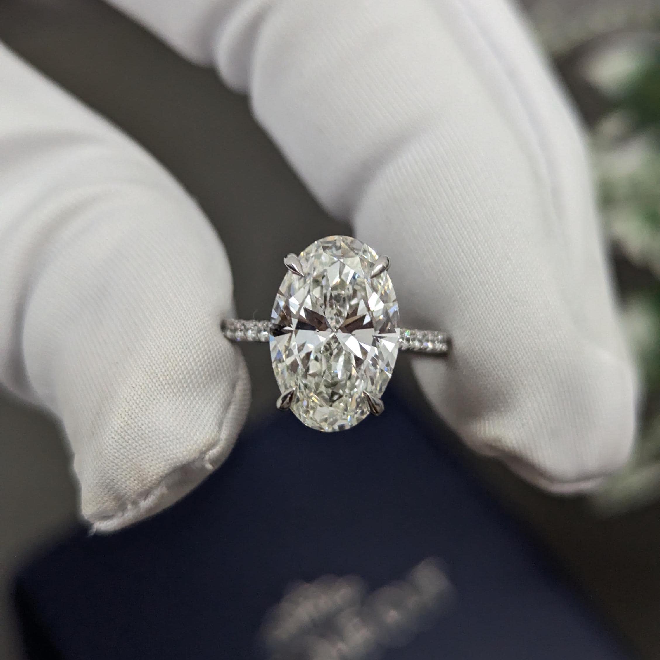 Oval 5.30tcw lab-grown diamond engagement ring with Hidden Halo Cathedral Setting, D-E-F, VVS-VS clarity