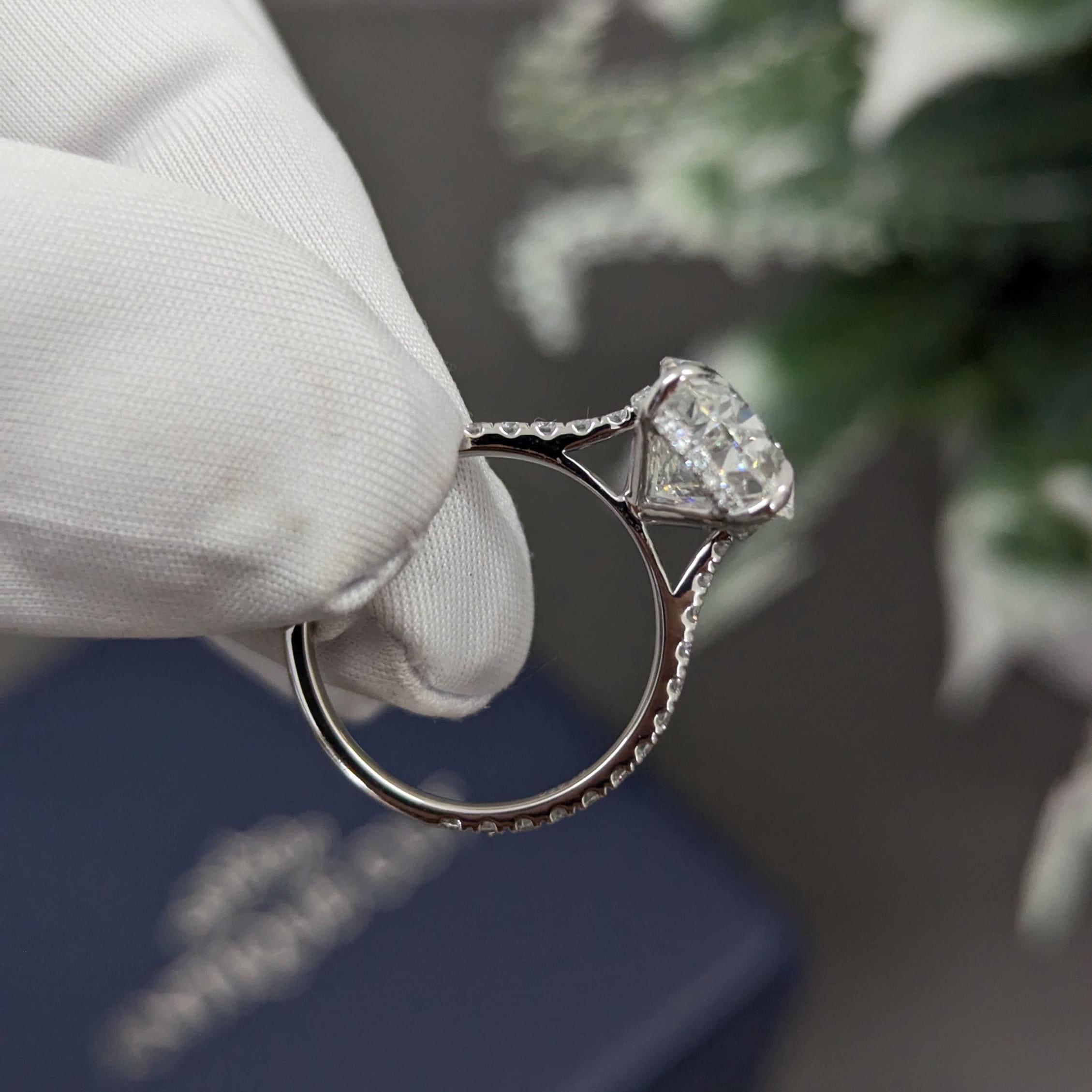 Oval 5.30tcw lab-grown diamond engagement ring with Hidden Halo Cathedral Setting, D-E-F, VVS-VS clarity