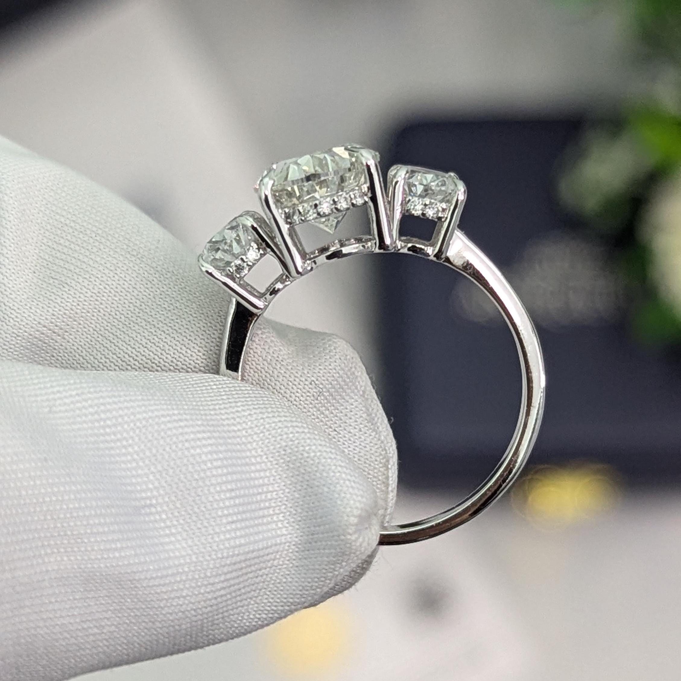 Oval 3.30tcw Lab Grown Diamond Hidden Halo Three Stone Engagement Ring, D-E-F Color, VVS-VS Clarity