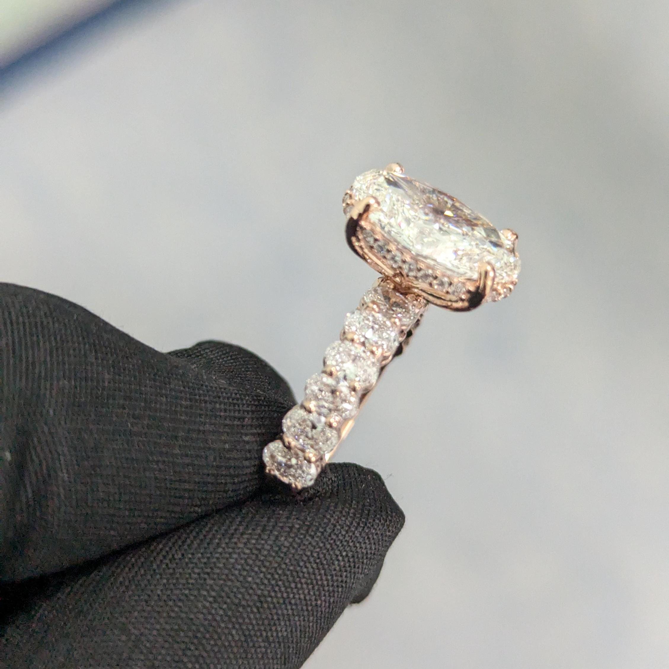Oval 4.2tcw Lab Grown Diamond scalloped pave Hidden Halo Engagement Ring, EF Color, VS Clarity