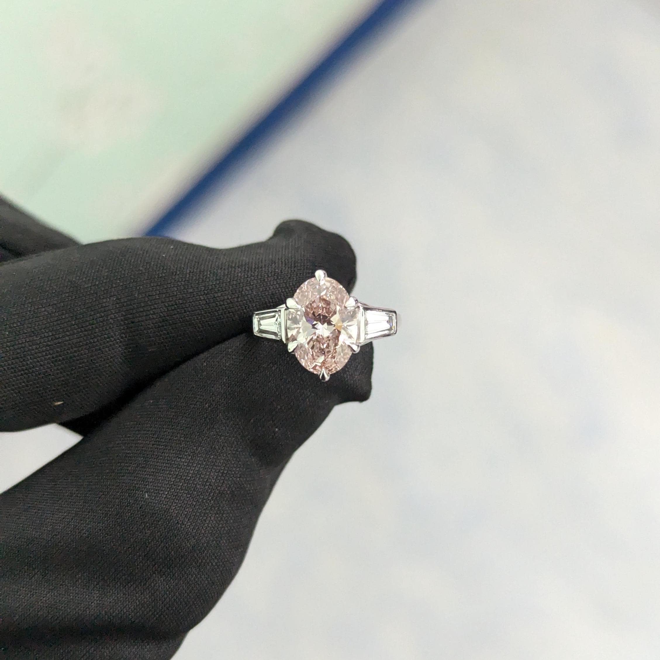 Oval 2.5tcw Lab Grown Diamond Three Stone Tap Baguette Bezel Set Engagement Ring, EF Color, VS Clarity