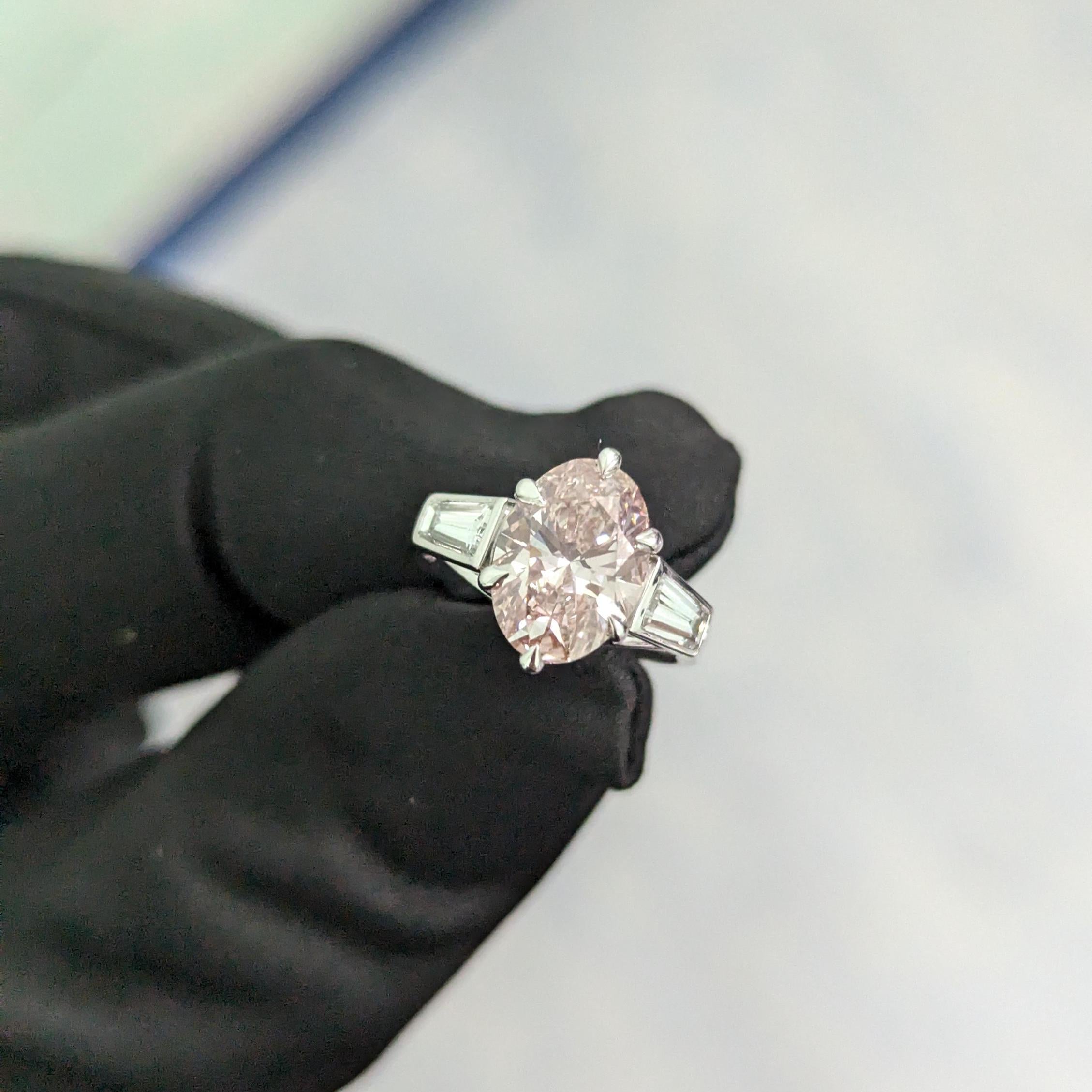 Oval 2.5tcw Lab Grown Diamond Three Stone Tap Baguette Bezel Set Engagement Ring, EF Color, VS Clarity