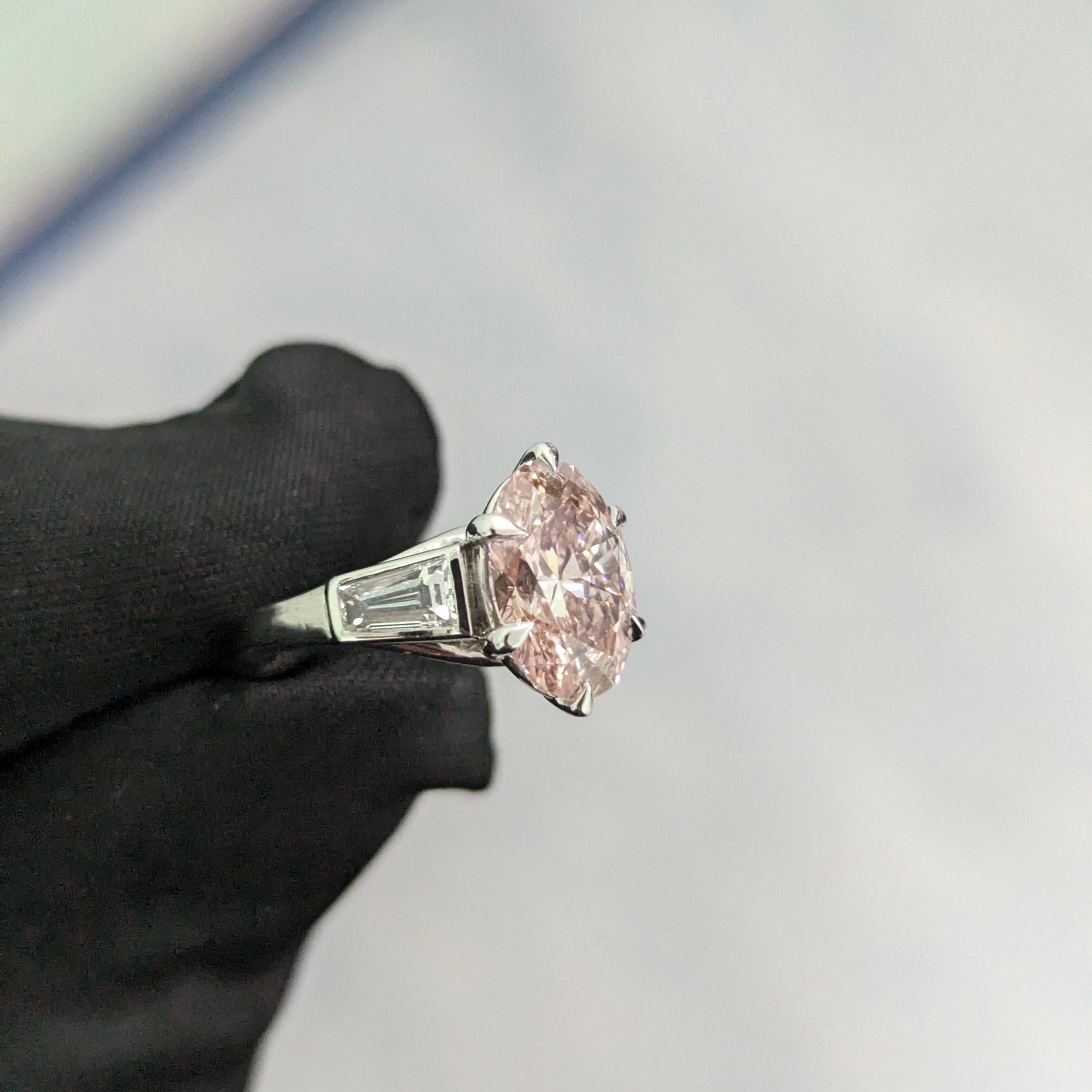 Oval 2.5tcw Lab Grown Diamond Three Stone Tap Baguette Bezel Set Engagement Ring, EF Color, VS Clarity