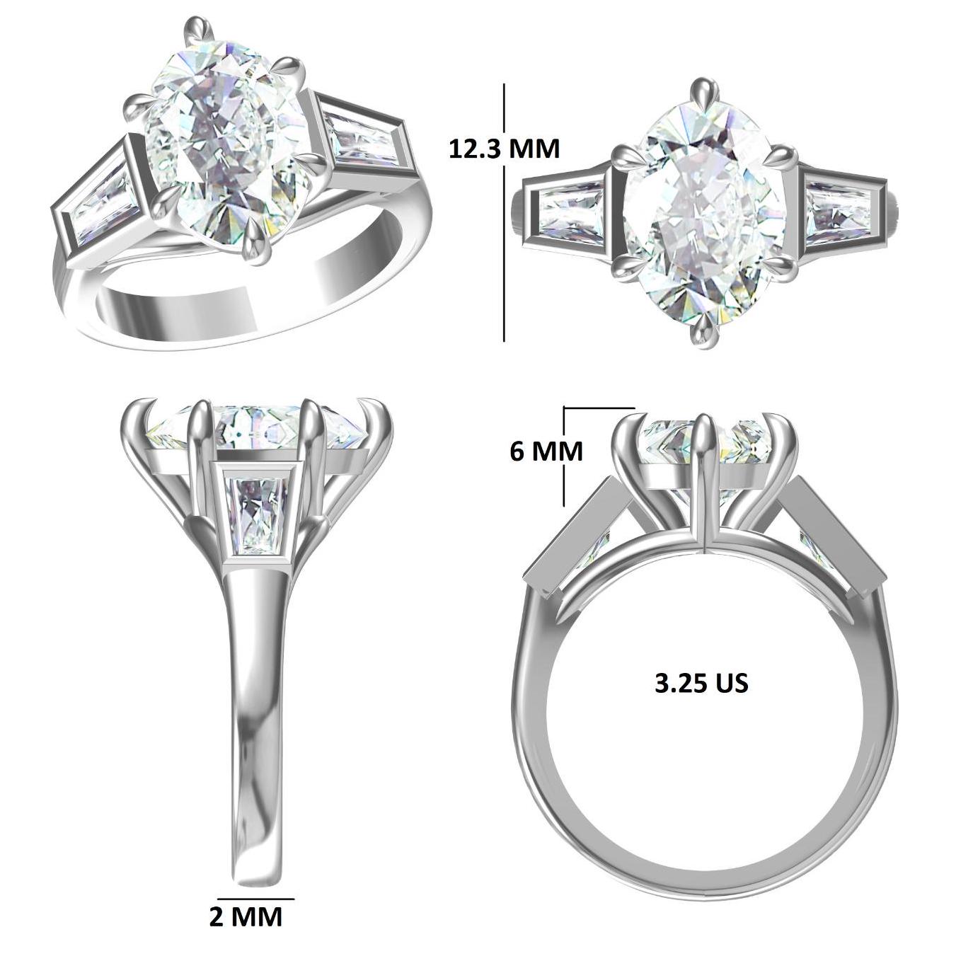 Oval 2.5tcw Lab Grown Diamond Three Stone Tap Baguette Bezel Set Engagement Ring, EF Color, VS Clarity