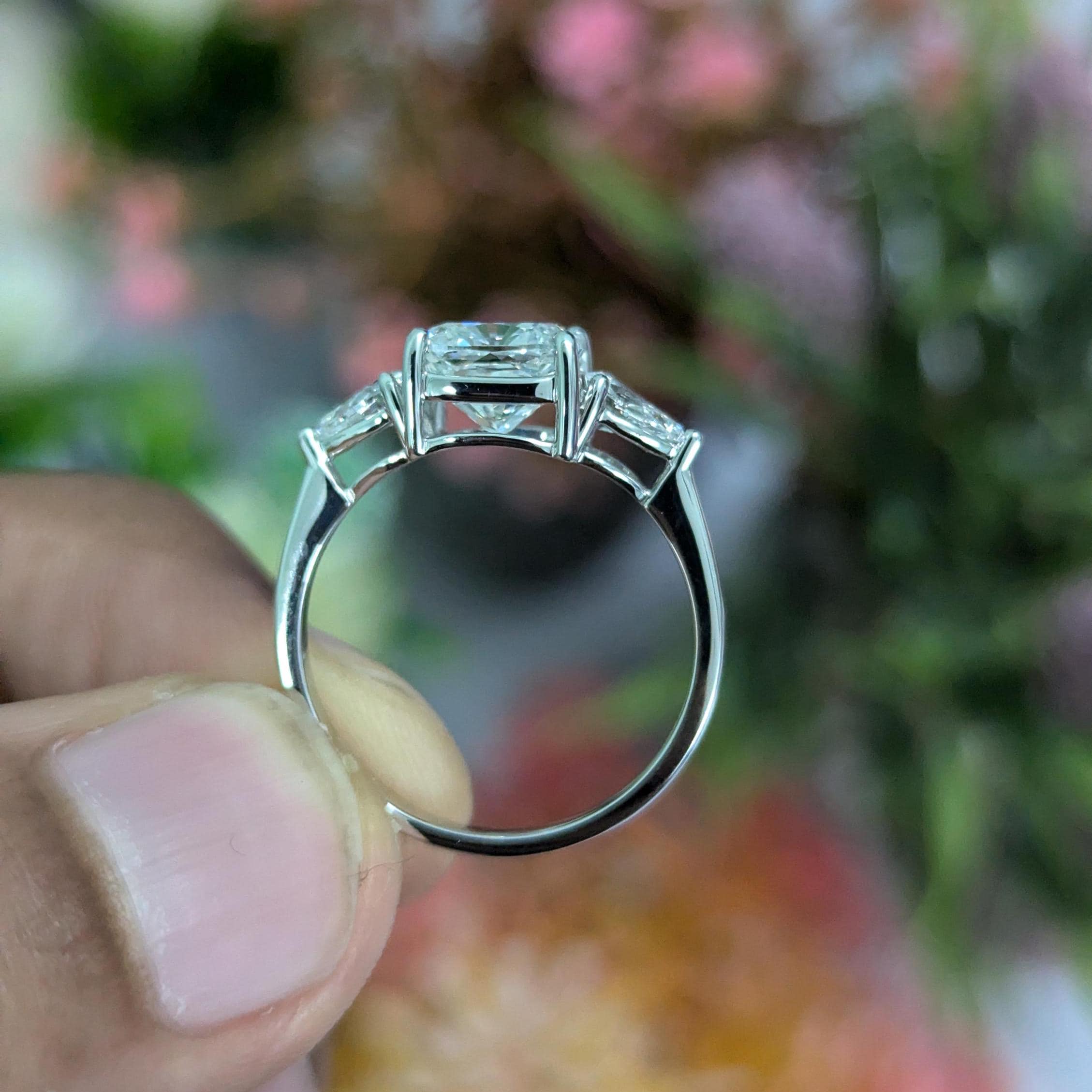 SQ Cushion 2.40tcw Lab Grown Diamond Three Stone Engagement Ring, D-E-F Color, VVS - VS Clarity