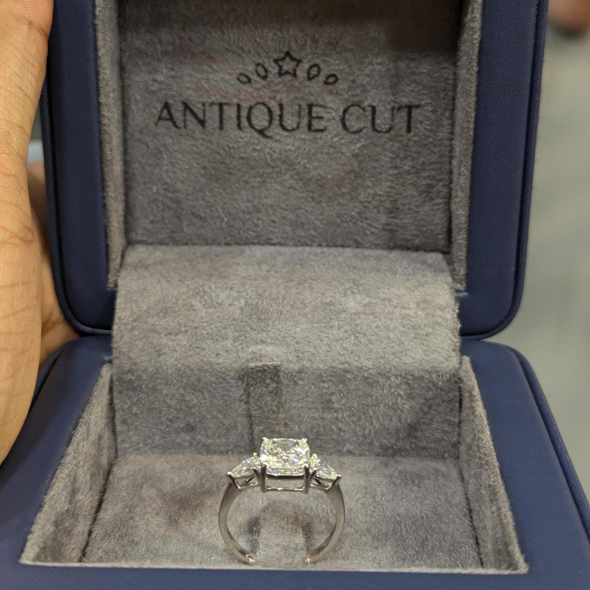 SQ Cushion 2.40tcw Lab Grown Diamond Three Stone Engagement Ring, D-E-F Color, VVS - VS Clarity
