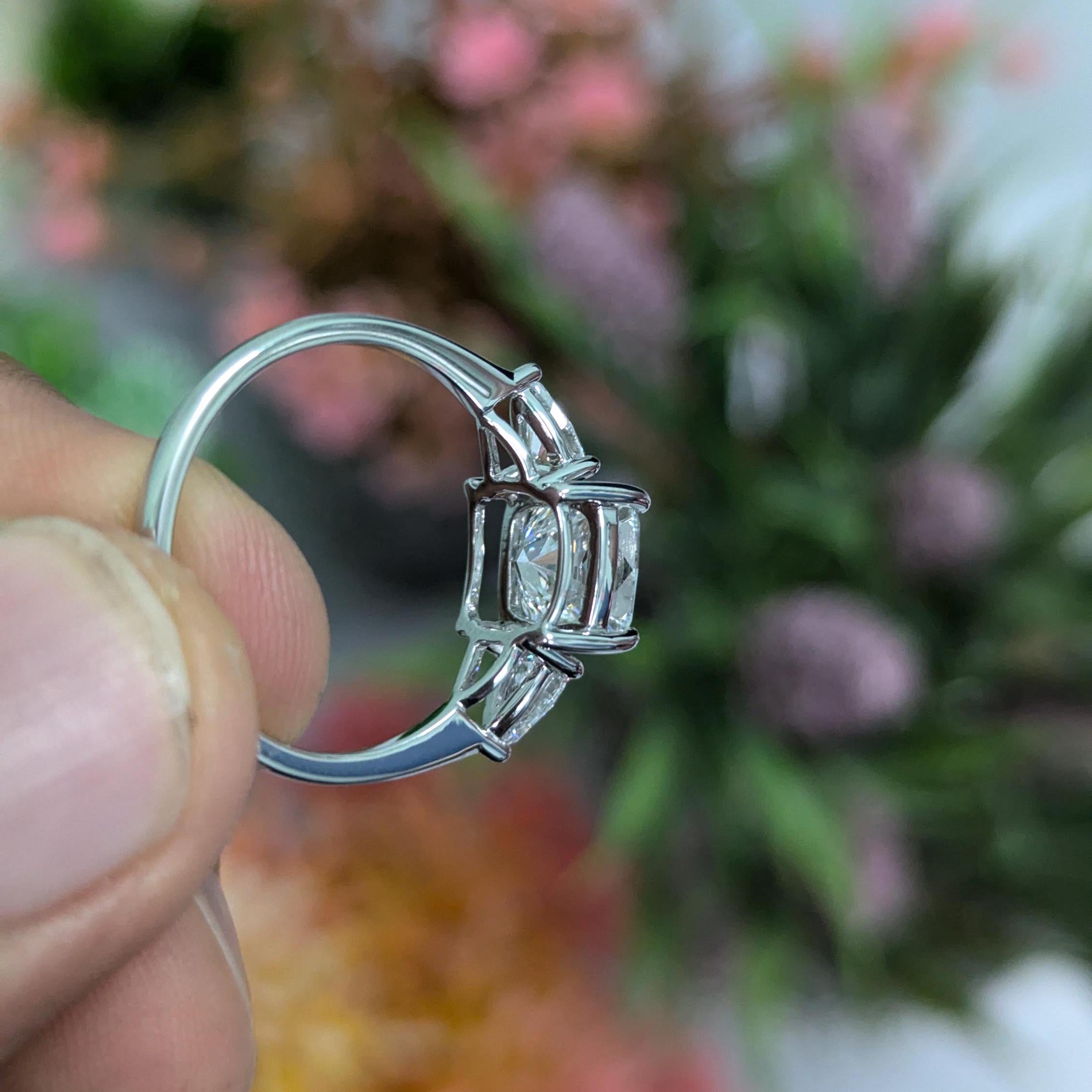 SQ Cushion 2.40tcw Lab Grown Diamond Three Stone Engagement Ring, D-E-F Color, VVS - VS Clarity