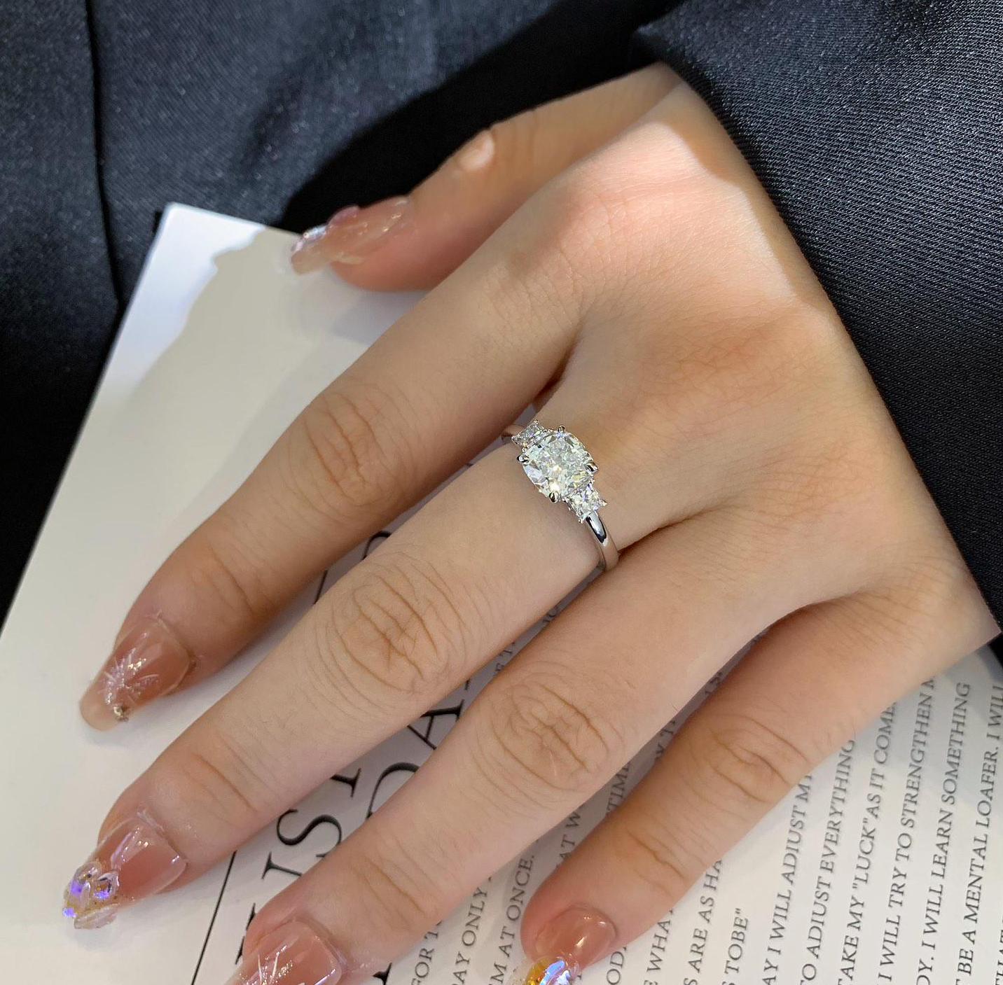 Cushion 2.50tcw Lab Diamond Three Stone Ring with Princess Sides | IGI Certified | D-E-F | VVS–VS